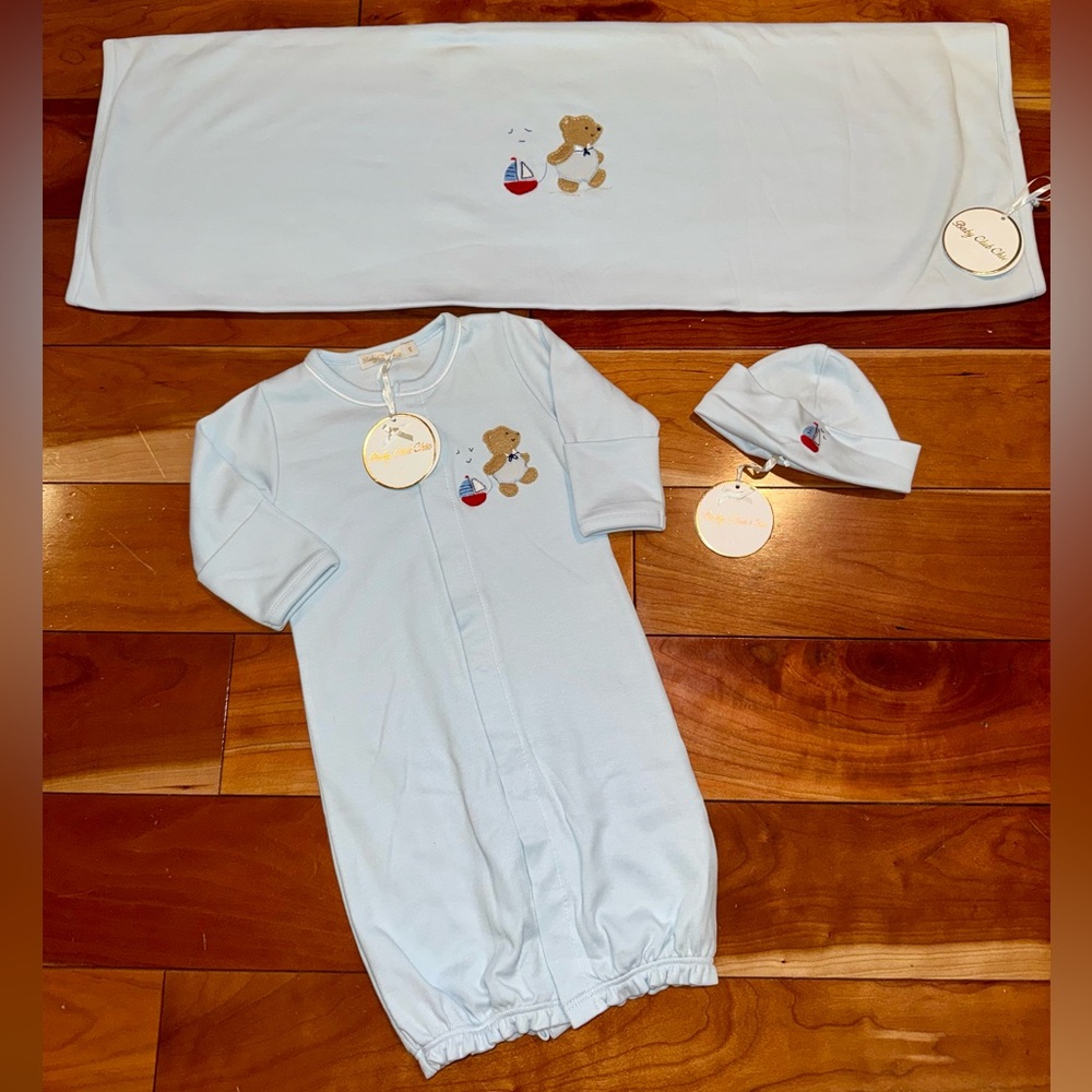 NWT Baby Club Chic Matching Bear and Sailboat Gown, Swaddled & Hat